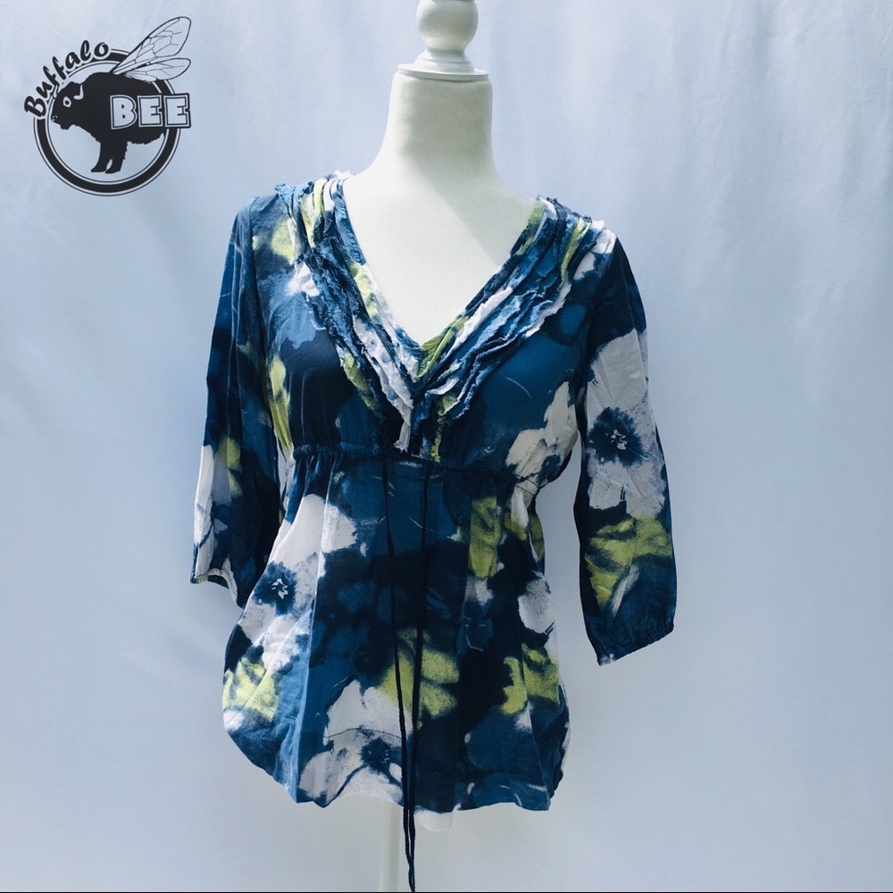 Calvin Klein Jeans blue floral ruffled cotton top